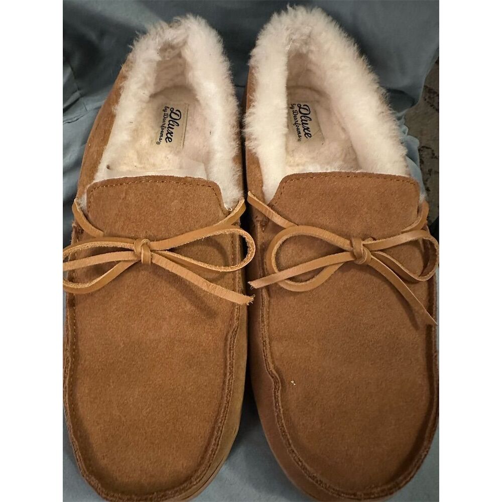 Dluxe by Dearfoams Men's Brown Shearling Moccasin Slippers Size 11